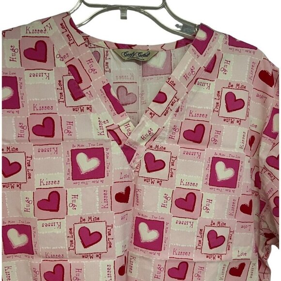 Lot of 2 Women Pink Hearts Floral V-Neck Scrub Tops Shirts Medium Pockets Cotton - Picture 3 of 10